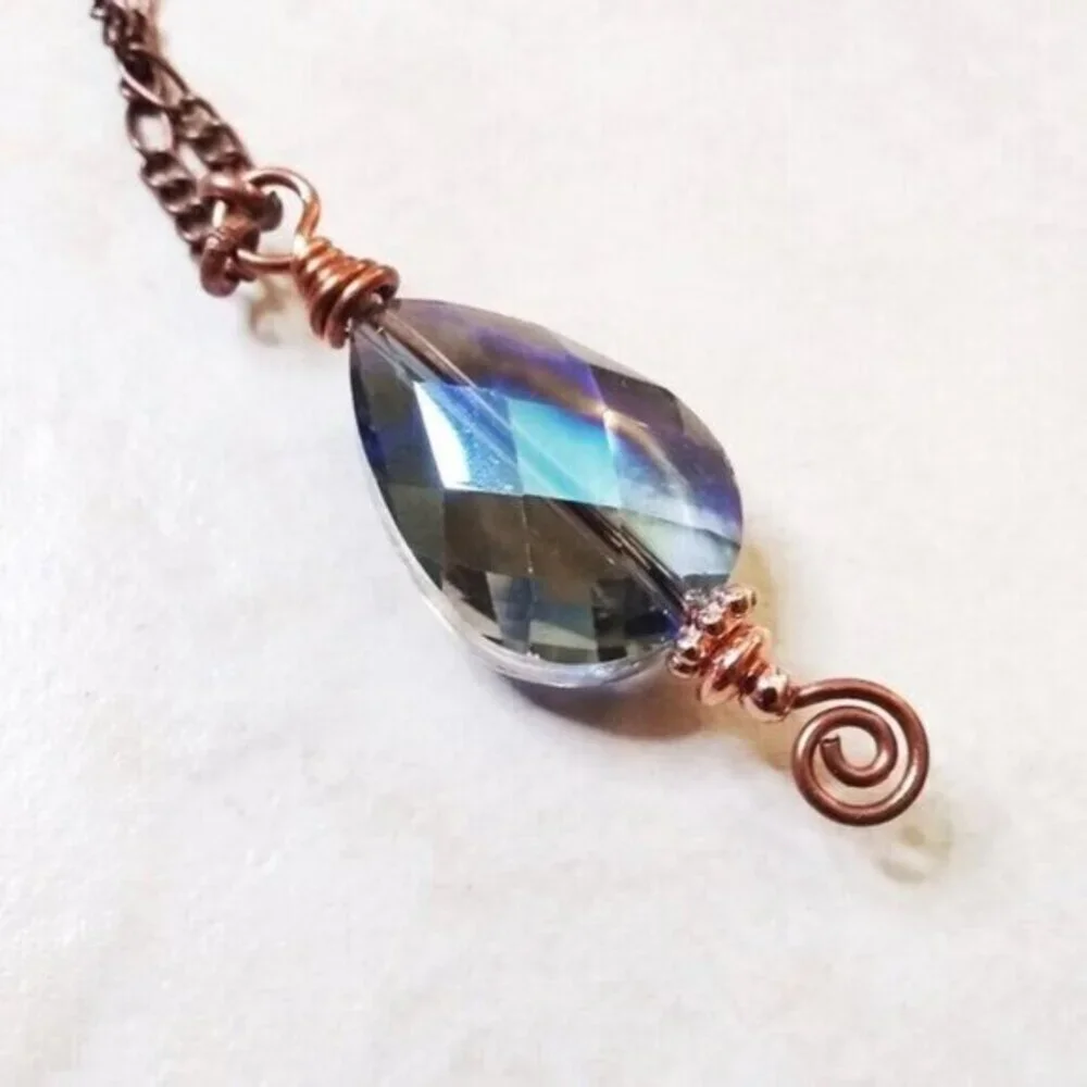 Gorgeous  Blue Color!!! Copper Wire Wrapped Faceted Teardrop + Figaro Chain
